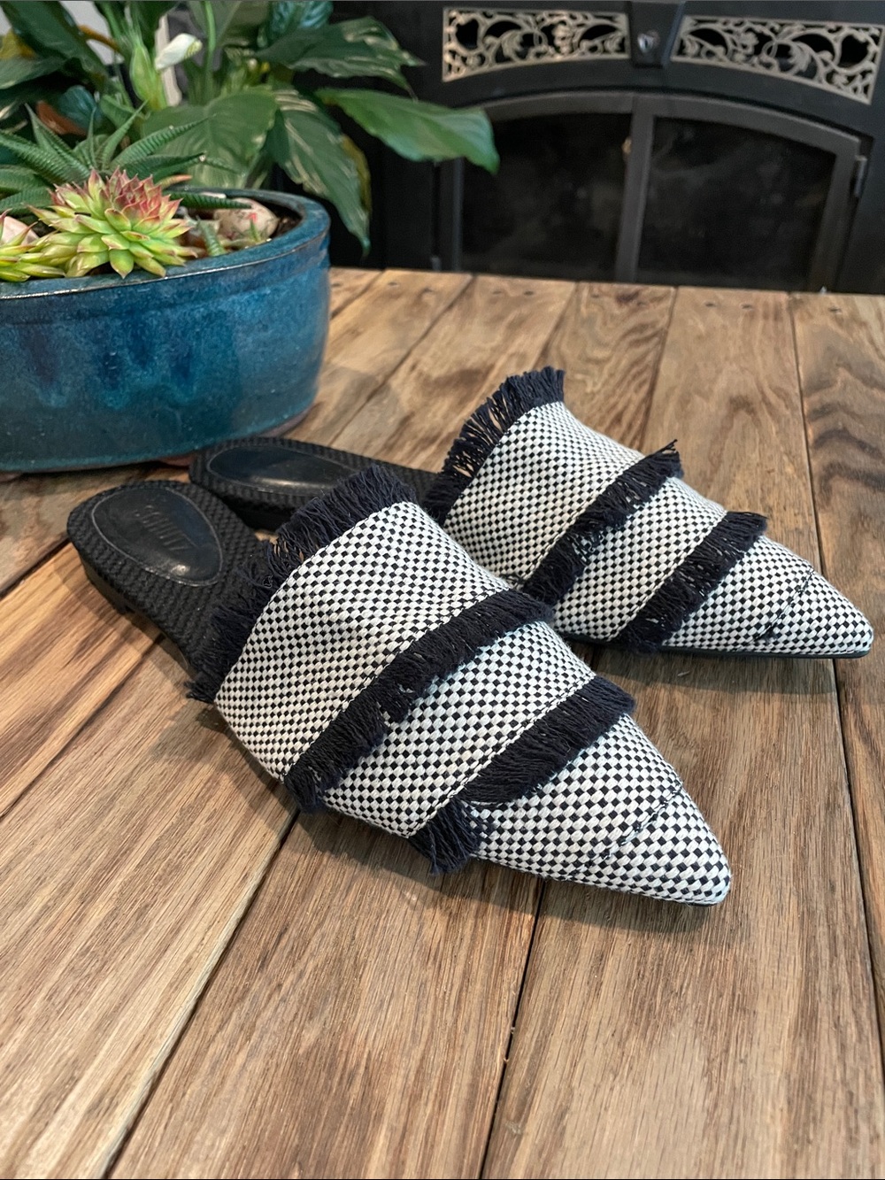 Schutz Black and White Woven Mules with Fringe Accents Size 10